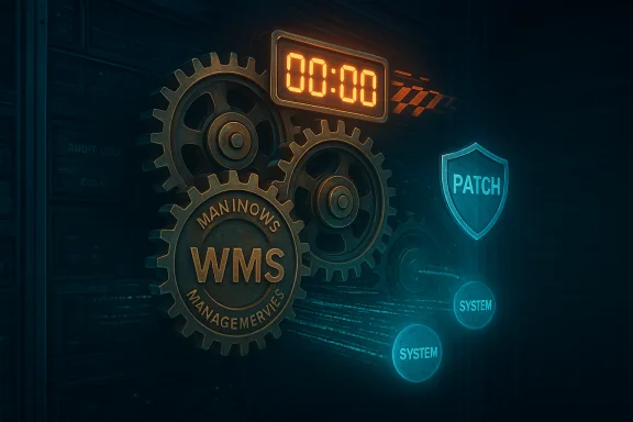 Gears labeled WMS drive a patching system with a countdown timer.