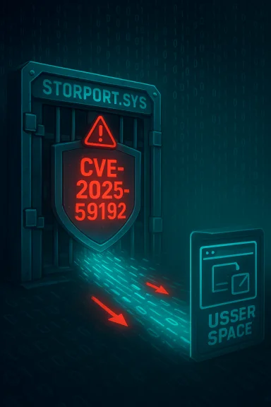 A neon cyber vault warns of CVE-2025-59192 on STORPORT.SYS beside a user-space panel.