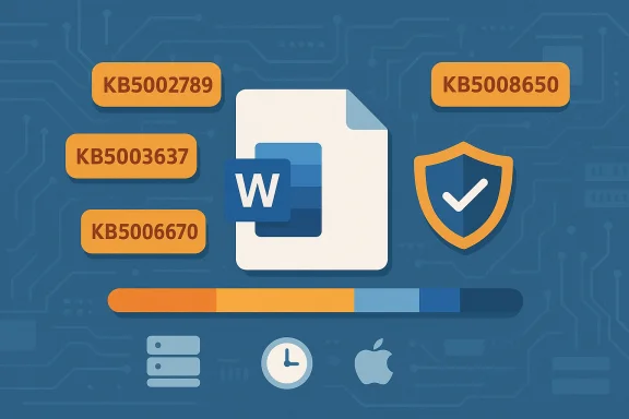Word document icon with KB security update codes and a shield on a circuit-patterned blue background. Word document icon with KB security update codes and a shield on a circuit-patterned blue background.