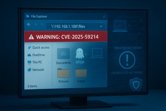 A blue-toned monitor displays a File Explorer warning banner for CVE-2025-59214.