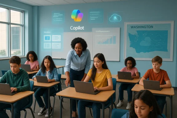 Teacher assists students using laptops in a modern, tech-enabled classroom.