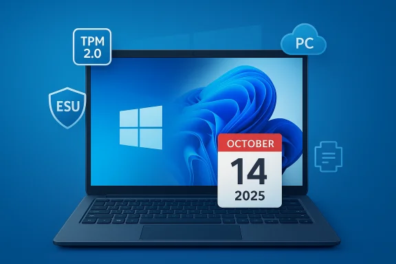 Blue laptop showing Windows wallpaper with an October 14, 2025 calendar badge and TPM 2.0/ESU/PC icons.