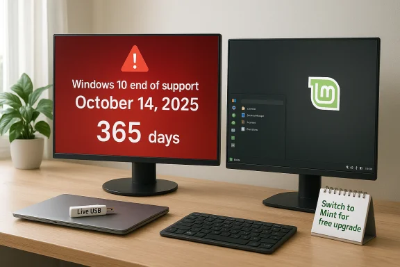 Two monitors show Windows end-of-support warning on the left and Linux Mint on the right, with a Live USB on a laptop.