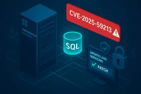 Warning CVE-2025-59213 on SQL Server; emphasizes updates, servicing, and patches.