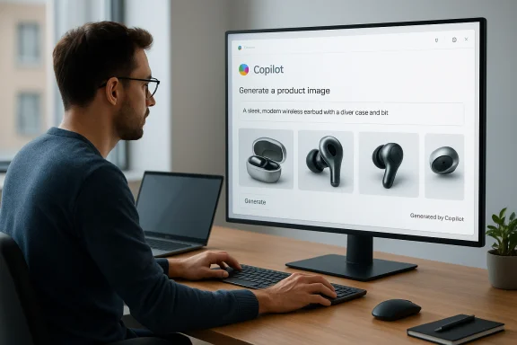 A man at his desk generates product images for wireless earbuds on a large monitor.