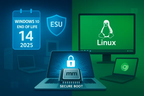 Split view: Windows 10 end of life 2025 with ESU on the left, Linux with secure boot on the right.