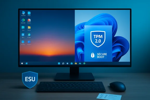 Blue-tinted desktop setup with a split-screen monitor, Windows on the left and TPM 2.0 Secure Boot on the right.