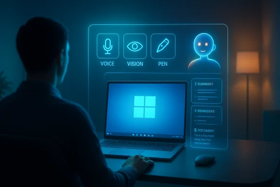 A person interacts with a neon holographic dashboard showing Voice, Vision, Pen icons and a Windows screen.