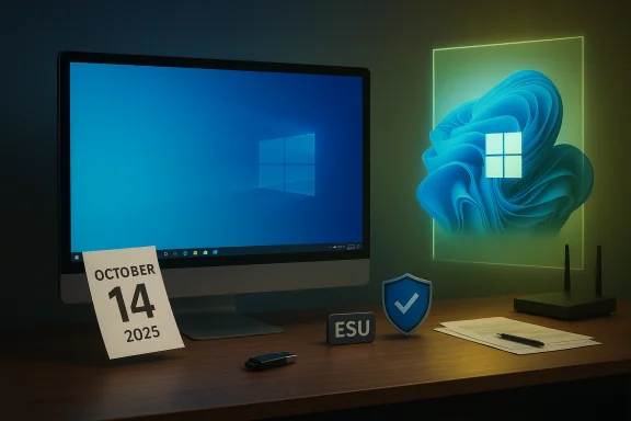 Windows desk setup with a monitor, glowing wall Windows art, and a calendar showing Oct 14, 2025.