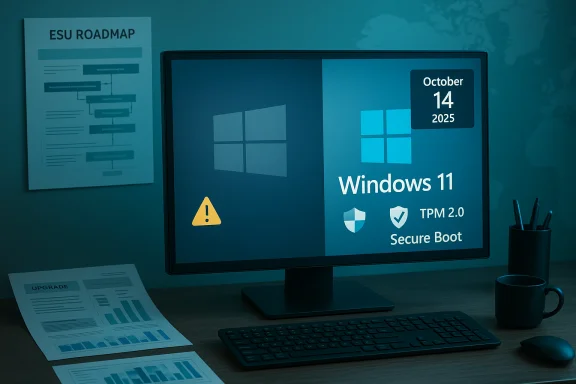A computer monitor shows Windows 11 with TPM 2.0 and Secure Boot, plus a warning icon.