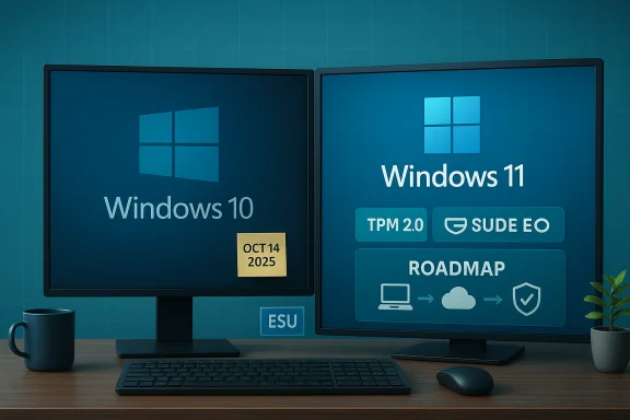 Dual monitor setup displaying Windows 10 on the left and Windows 11 on the right with a roadmap.