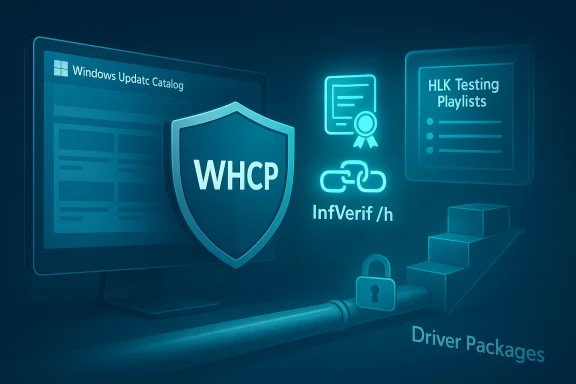 Blue tech illustration showing Windows Update Catalog, WHCP shield, and driver packages.