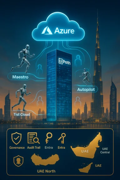 Futuristic Dubai skyline depicting Azure cloud services linking Path, Maestro, Autopilot and governance icons.