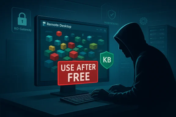 A hooded hacker sits at a computer using Remote Desktop to exploit a 'Use After Free' vulnerability.
