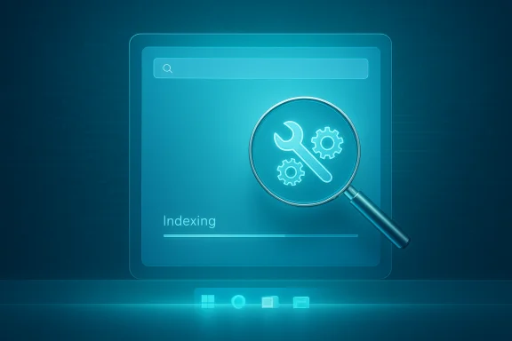 A magnifying glass over gears on a blue indexing screen with a progress bar.