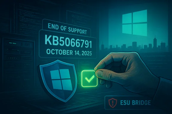 A hand taps a glowing green checkmark beside a Windows end-of-support sign KB5066791 (Oct 14, 2025).