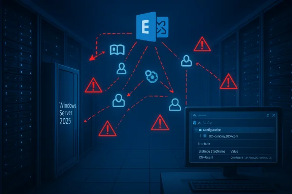Futuristic data center showing Windows Server 2025 with a red warning-laden network map.