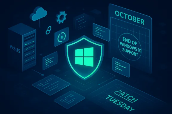 A futuristic scene with a glowing Windows shield, highlighting Patch Tuesday and Windows 10 end of support.