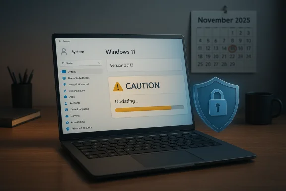 Windows 11 laptop updating with a CAUTION banner and a security shield on the desk.