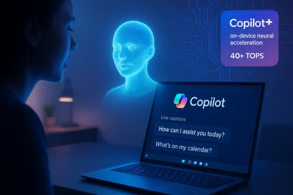 A person uses Copilot on a laptop beside a blue holographic AI avatar.