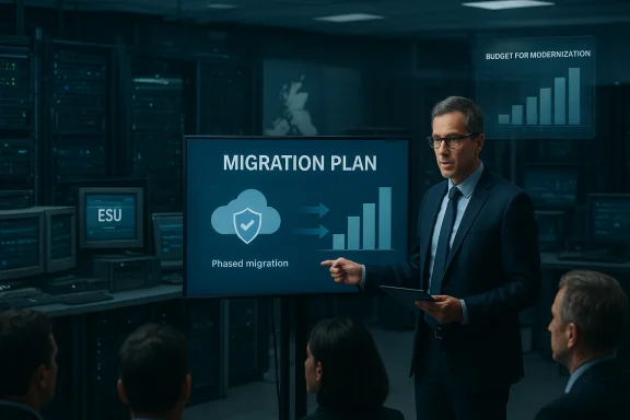 A suited executive presents the Migration Plan in a data center.