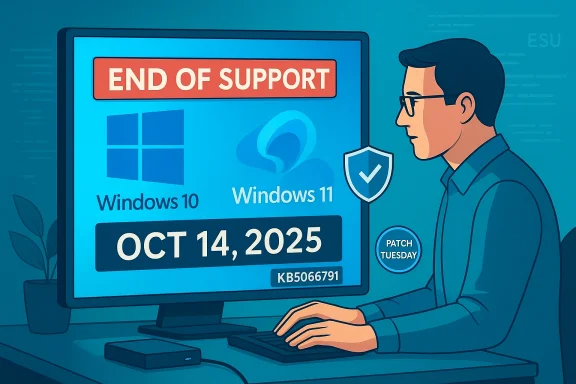 User at a desk confronts Windows end of support dated Oct 14, 2025.