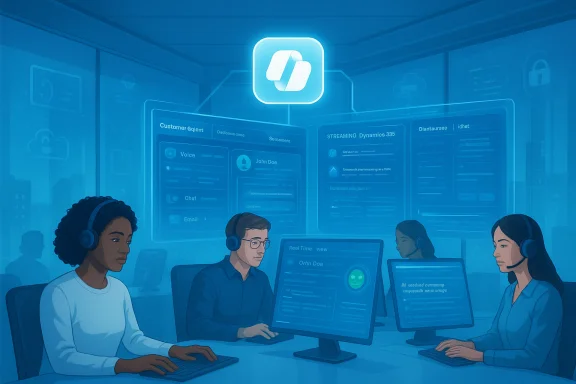 Four agents wearing headsets monitor screens in a blue-lit futuristic control room.