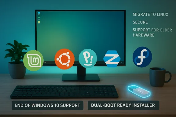 Linux desktop with Mint, Ubuntu, Pop!_OS, Zorin, and Fedora icons on screen.