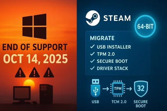 Split-screen poster: Windows end of support Oct 14, 2025 on left; Steam 64-bit migration on right.