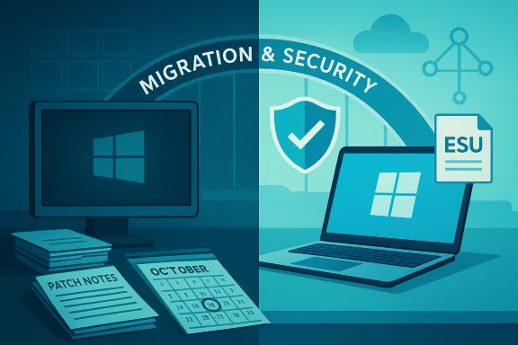 Split-screen Windows migration and security scene with patch notes and ESU document.