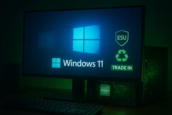 Windows 11 on a monitor with ESU shield, recycling symbol, and trade-in label beside a Ryzen PC.