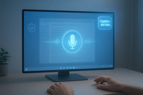 Blue-toned monitor shows a glowing microphone icon with waveform and a Copilot+ badge.
