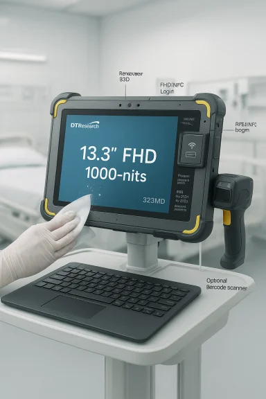A rugged 13.3-inch medical tablet on a cart is being wiped clean.
