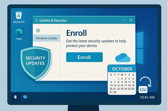 Windows-style update and security screen with an Enroll prompt, shield graphic, and calendar.
