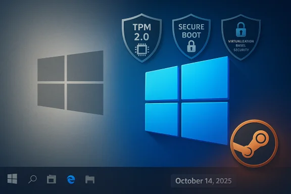 Windows desktop wallpaper showing security badges (TPM 2.0, Secure Boot) and a Steam icon.