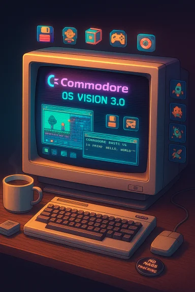 Retro Commodore computer with a glowing CRT monitor displaying OS Vision 3.0, plus keyboard and mouse.