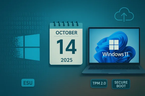 Windows 11 laptop with October 14, 2025 calendar and TPM 2.0 / Secure Boot badges.