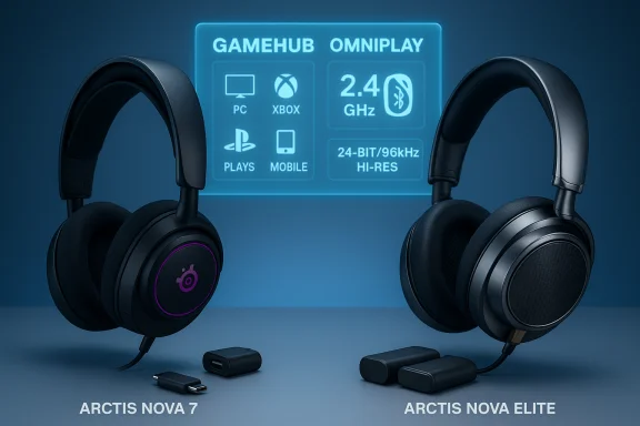 Two ARCTIS Nova headsets (Nova 7 and Nova Elite) with a holographic GameHub panel. Two ARCTIS Nova headsets (Nova 7 and Nova Elite) with a holographic GameHub panel.