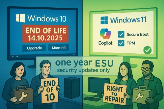 Split-screen illustration showing Windows 10 end-of-life and Windows 11 security updates, with “Right to Repair” signs.