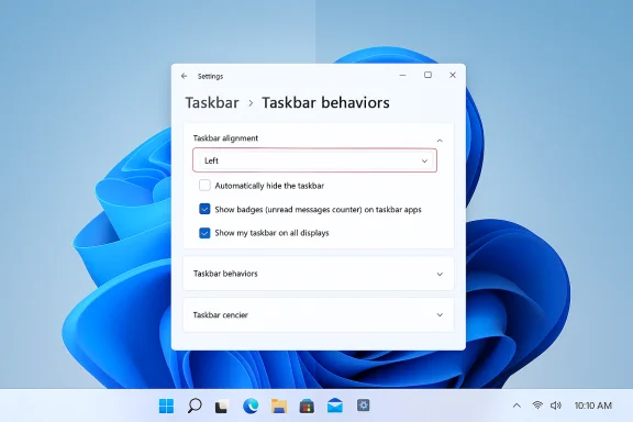 Windows 11 Settings: Taskbar behaviors with left alignment and badges shown.