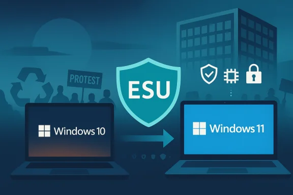 Two laptops show Windows 10 and Windows 11 upgrading beneath an ESU shield.