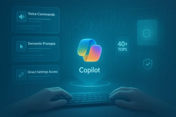 Futuristic holographic Copilot UI with voice prompts, semantic prompts, and 40+ TOPS.