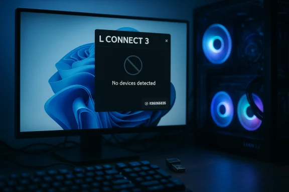 Desktop PC setup with monitor displaying 'No devices detected' in L CONNECT 3, beside a glowing RGB-lit tower.