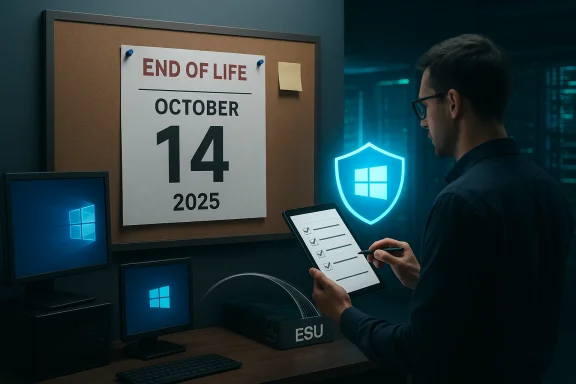 IT professional reviews Windows end-of-life date (October 14, 2025) on a tablet.