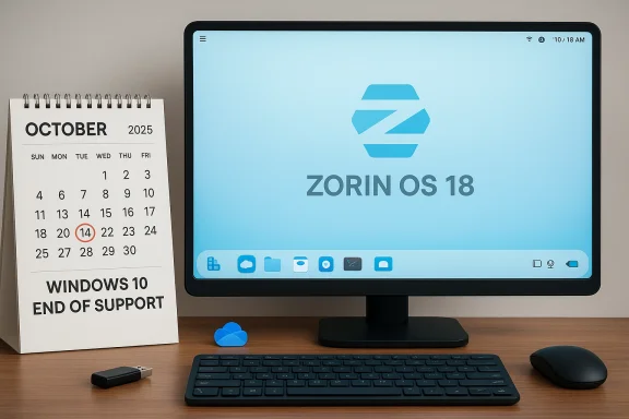 Desk setup with an October 2025 calendar (14 circled) and a monitor displaying Zorin OS 18.