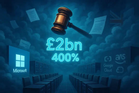 Gavel hovers over data centers as neon '£2bn 400%' signals a major regulatory fine.