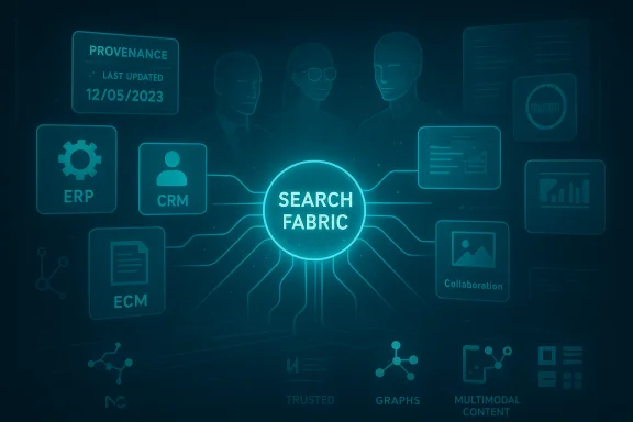 A glowing Search Fabric hub links ERP, CRM, ECM and data tools in a digital ecosystem. A glowing Search Fabric hub links ERP, CRM, ECM and data tools in a digital ecosystem.