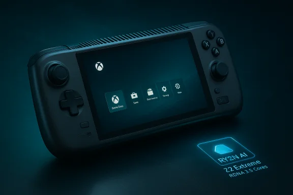 A handheld gaming device with a touchscreen showing an Xbox-style interface and Ryzen AI branding.