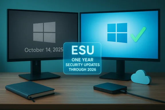 Dual monitors show Windows logos, with a glowing ESU badge for security updates through 2026. Dual monitors show Windows logos, with a glowing ESU badge for security updates through 2026.
