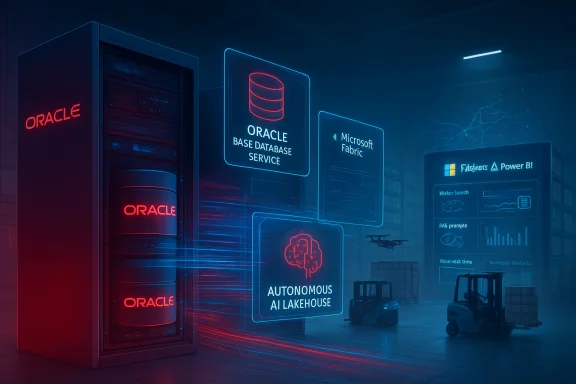A futuristic data center with Oracle servers and neon holographic dashboards.